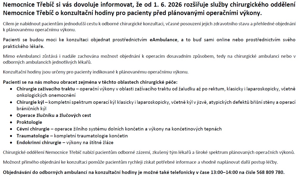 INFORMACE NEMOCNICE TŘEBÍČ
