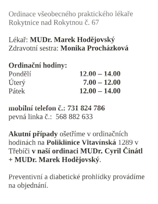 MUDr. Hodějovský nové ordinační hodiny